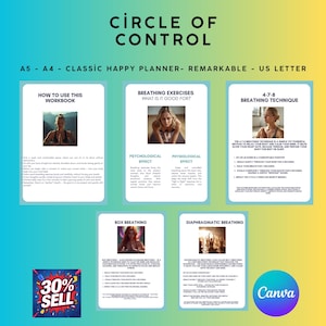 May include: A digital planner layout with the title "CIRCLE OF CONTROL" and sections on breathing exercises. The pages include images and text. A graphic with "30% SELL" is in the lower left corner. Measurements are in cm.