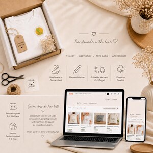 May include: A white t-shirt with a green giraffe graphic in a cardboard gift box, alongside a laptop and smartphone displaying an Etsy shop interface. The scene includes text elements like handmade with love, T-shirt, baby body, tote bags, and accessories.