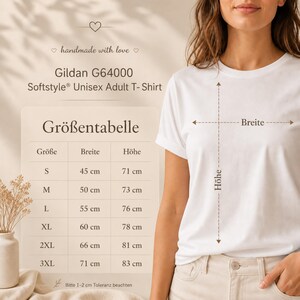 May include: A white Gildan G64000 Softstyle unisex adult t-shirt shown with a size chart titled Gr&ouml;&szlig;entabelle. The chart lists sizes S through 3XL with corresponding width and height measurements in centimeters, ranging from 45 cm to 71 cm wide.