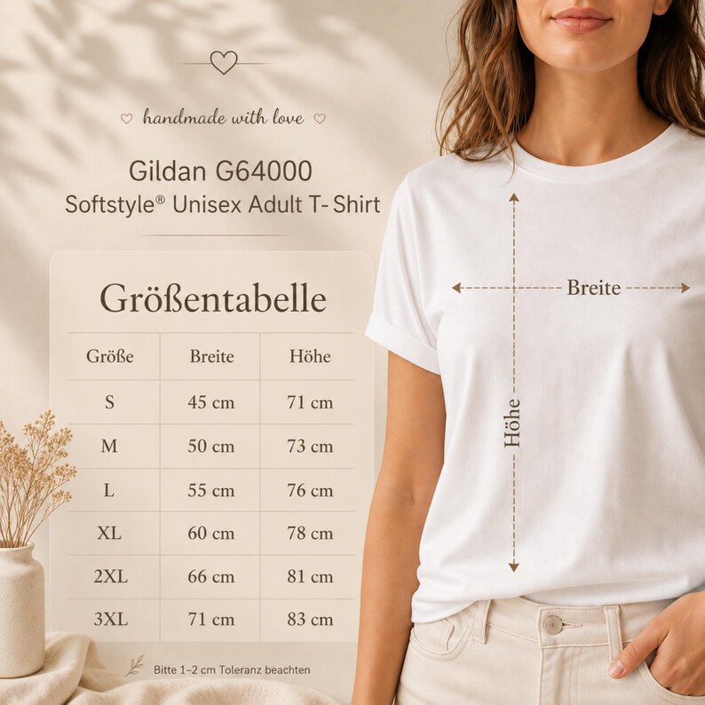 May include: A white Gildan G64000 Softstyle unisex adult t-shirt shown with a size chart titled Gr&ouml;&szlig;entabelle. The chart lists sizes S through 3XL with corresponding width and height measurements in centimeters, ranging from 45 cm to 71 cm wide.