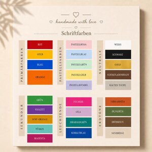 May include: A color chart titled handmade with love and Schriftfarben, featuring categorized color swatches labeled in German. The chart includes primary, secondary, pastel, bright, neutral, and earth tones arranged in columns with text labels.