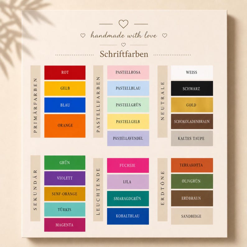 May include: A color chart titled handmade with love and Schriftfarben, featuring categorized color swatches labeled in German. The chart includes primary, secondary, pastel, bright, neutral, and earth tones arranged in columns with text labels.