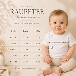 May include: A baby wearing a white t-shirt and beige pants sits in front of a size chart. The chart, in German, lists sizes from 0-3 months to 18-24 months, with corresponding measurements in centimeters for width and height. The text "RAUPETEE" is at the top.