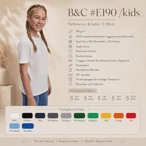 May include: A plain white short-sleeved t-shirt labeled B&C #E190 /kids. The image displays technical specifications including 185 g/m2 weight, 100% ring-spun cotton, a ribbed crew neckline, and a list of available colors and sizes for children.