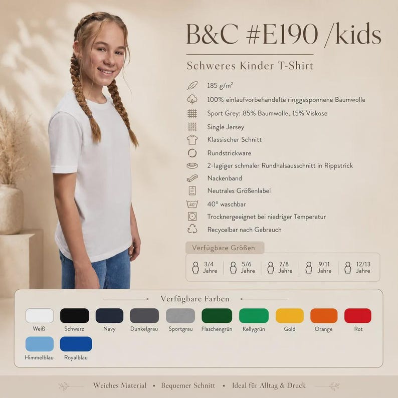 May include: A plain white short-sleeved t-shirt labeled B&C #E190 /kids. The image displays technical specifications including 185 g/m2 weight, 100% ring-spun cotton, a ribbed crew neckline, and a list of available colors and sizes for children.
