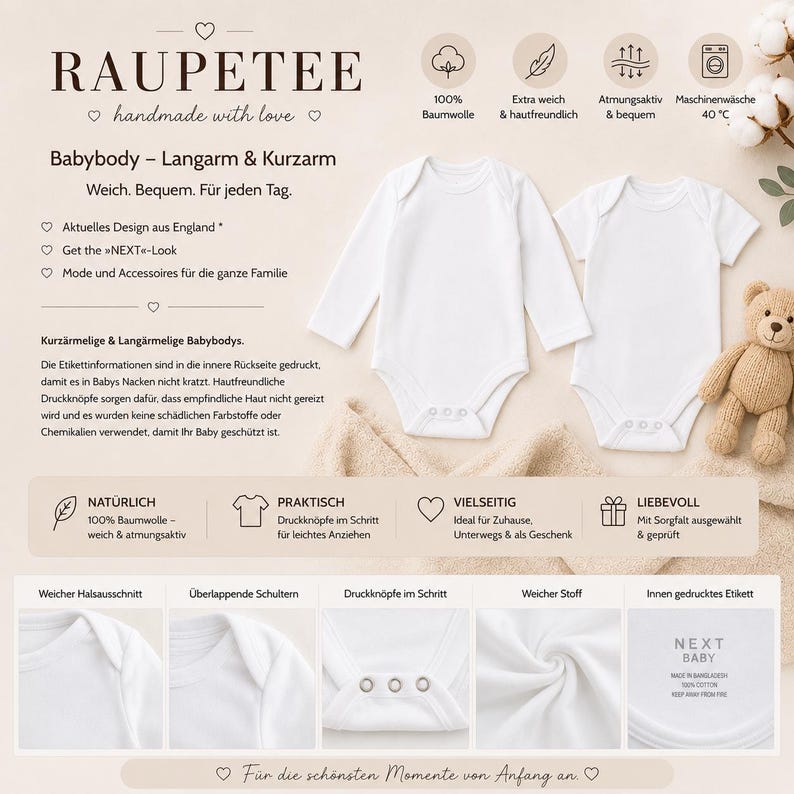 May include: Two plain white baby bodysuits, one long-sleeved and one short-sleeved, featuring overlapping shoulders and snap closures at the crotch. The image includes detailed close-ups of the neckline, shoulder construction, crotch snaps, fabric texture, and an interior printed label reading NEXT BABY, 100% COTTON.