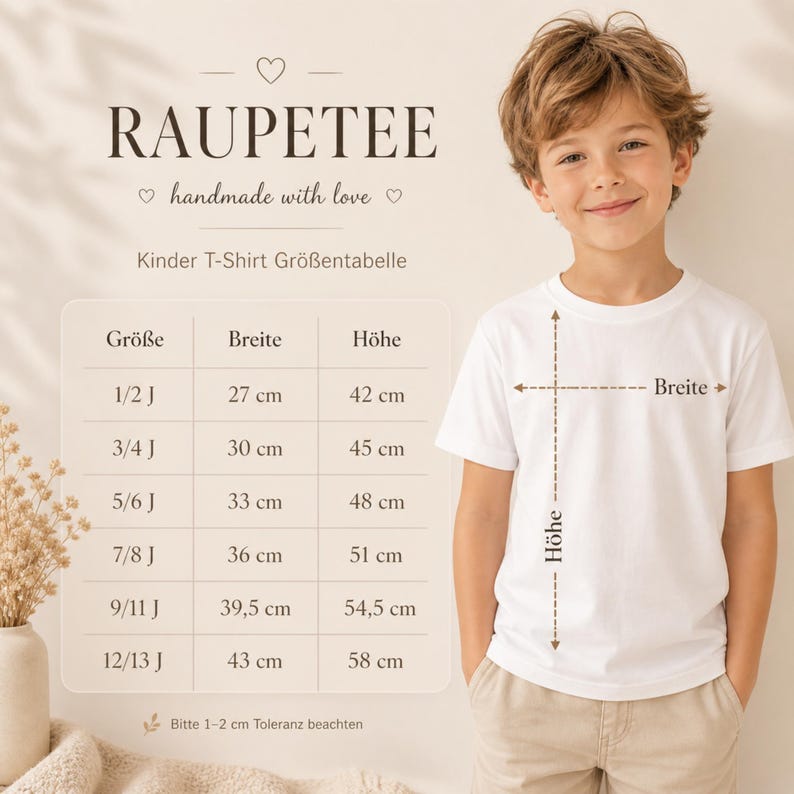 May include: A white children's t-shirt with the text "RAUPETEE" and a size chart in German. The chart shows measurements in centimeters for shirt width and height. A young boy is wearing the shirt.
