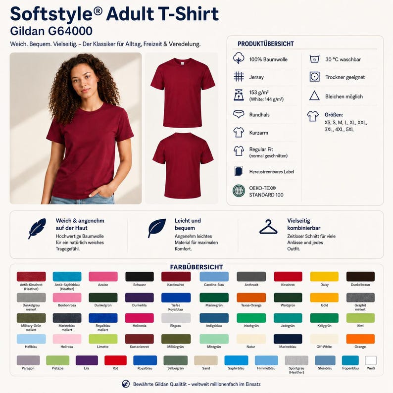 May include: A maroon short-sleeve t-shirt with a crew neckline and regular fit. The product information chart lists 100% cotton material, 153 g/m2 fabric weight, and sizes ranging from XS to 5XL. A color palette chart displays various available shades.