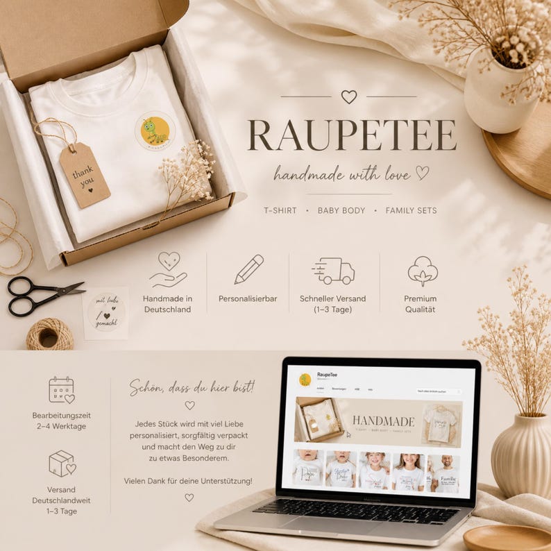 May include: A white t-shirt with a cartoon graphic is packaged in a cardboard box with a thank you tag. The image includes the text "RAUPETEE handmade with love" and icons for personalization, fast shipping, and premium quality.