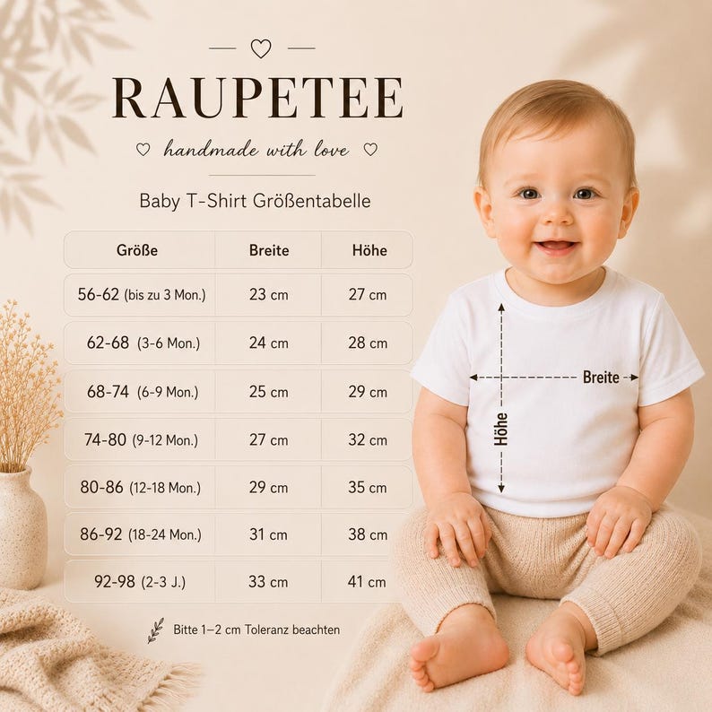 May include: A baby t-shirt size chart titled RAUPETEE with a table listing sizes from 56-62 to 92-98, including width and height measurements in centimeters. A baby wearing a plain white t-shirt is shown with arrows indicating width and height.