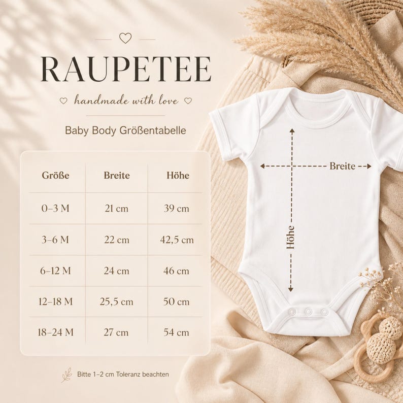 May include: A white baby bodysuit with the text "RAUPETEE" and "handmade with love". A size chart shows measurements in centimeters for various sizes, from 0-3 months to 18-24 months. A wooden baby toy is in the bottom right corner.