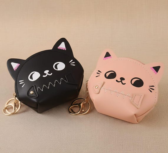 Cute Black Cat Coin Purse - Kawaii Zipper Pouch - Keychain - Faux