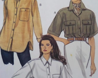 Safari Shirt Pattern: Vogue 8447, Miss 6–10, Uncut, Button–Down, Loose–Fit, Yoked, 1990s Sewing Patterns, WhiletheCatNaps