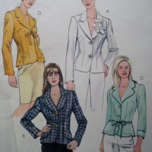 May include: A sewing pattern featuring four different blazer designs. The blazers are in various colors, including white, yellow, blue plaid, and light green. Each blazer has unique details such as a bow, floral embellishment, and button closures. The pattern is for women's blazers.