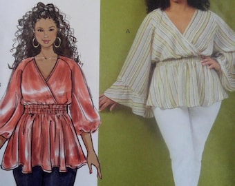 Pullover Top Pattern: Butterick 6934, Womens 20W-28W, Uncut, Surplice Bodice, Elastic Waist, Plus Sewing Patterns, WhiletheCatNaps