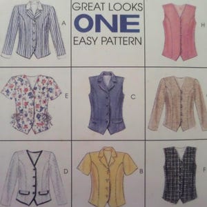 May include: A sewing pattern envelope titled GREAT LOOKS ONE EASY PATTERN featuring illustrations of eight different jacket and vest designs. The garments include various sleeve lengths, collar styles, button closures, and fabric patterns like stripes, florals, and plaids.
