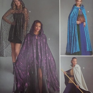 May include: Image of costume patterns featuring hooded capes in various colors and styles. One cape is black with a dotted pattern, another is a shimmering purple, and a third is a light blue. The patterns are for sewing costumes.