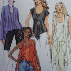 May include: Illustration of four different women's tops. The tops are in various colors, including purple, black, orange, and white. The tops have different styles, including a wrap top, a sleeveless top, and a long-sleeved top. The image is a fashion illustration.