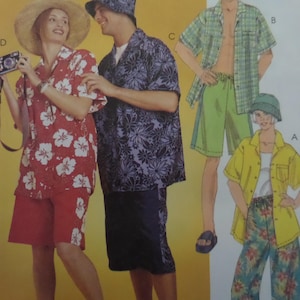 May include: A sewing pattern illustration featuring four outfits: a red hibiscus print shirt and shorts, a dark blue floral shirt and shorts with a bucket hat, a green plaid shirt with green shorts, and a yellow shirt with floral print pants.