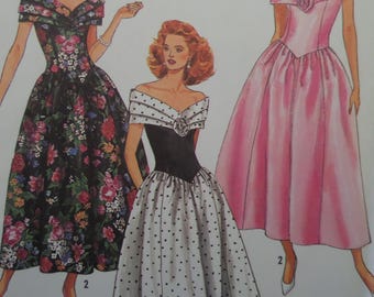 Off Shoulder Dress Pattern: Simplicity 9558, Miss Sizes, Uncut, Drop Waist, Princess Seams, 1980s, Sewing Patterns, WhiletheCatNaps