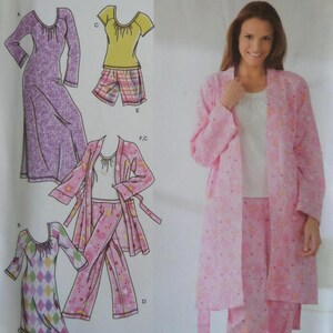 May include: Image of a woman wearing a pink robe and pajamas. The image also shows illustrations of various sleepwear designs, including a long purple dress, a yellow top with plaid shorts, and a pink pajama set with a robe.
