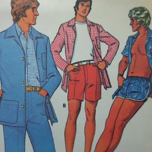 May include: A vintage sewing pattern illustration featuring three outfits: a blue jacket and trousers with a checkered shirt, a red and white checkered jacket over a white shirt with red shorts, and blue patterned athletic shorts with a matching shirt.