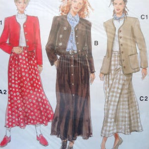 May include: Image of three women's fashion designs. The designs include jackets, skirts, and blouses. The first design features a red jacket and a red floral skirt. The second design features a brown jacket and a brown skirt. The third design features a tan jacket and a plaid skirt.