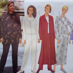 May include: Image of a fashion catalog featuring four different women's outfits. The outfits include a dark brown jacket with a leaf pattern, a white suit, a long red coat with matching pants, and a floral print jacket and skirt set.