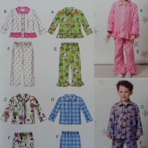 May include: A sewing pattern sheet displaying various pajama sets labeled A through F. The designs include long-sleeved button-down shirts and pants with options for ruffled hems, floral, animal, and plaid prints, shown on illustrations and photos.