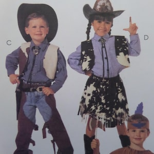 May include: Two children wearing western-themed costumes. One wears a black cowboy hat, blue shirt, white vest, and brown chaps. The other wears a patterned cowboy hat, blue shirt, cow-print vest, and cow-print skirt with fringe. Letter C and D are visible.