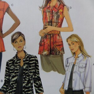 May include: A sewing pattern illustration featuring three distinct jacket styles. One jacket has a black and white animal print, another is a sleeveless orange and brown patterned vest with a belt, and the third is a solid light blue denim-style jacket.
