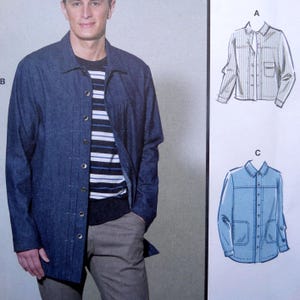 May include: A man wearing a dark blue denim jacket over a striped shirt and gray pants. The image also shows shirt pattern illustrations in light blue and white.