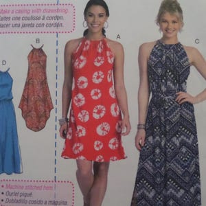 May include: A woman wearing a red halter dress with white circular patterns. The dress has a knee-length hemline. The image also shows a blue dress and a patterned navy blue dress. Text in the image says "Make a casing with drawstring."