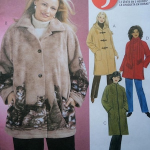 May include: A tan fleece coat with a cat print, featuring a button-up front and a large collar. The image also shows three other coat designs in tan, red, and green.