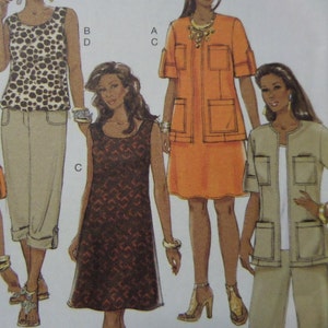 May include: A fashion illustration featuring four different outfits. The outfits include a sleeveless top with a spotted pattern, a dress with a geometric pattern, an orange jacket and skirt set, and a beige jacket and pants set.