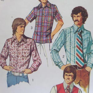 May include: A vintage sewing pattern illustration featuring three shirts. Shirt 1 has a red floral print, shirt 2 is a light blue patterned long-sleeve shirt with a striped tie, and shirt 3 is a short-sleeve shirt with a multi-colored plaid pattern.