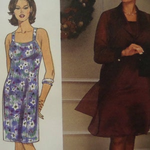 May include: Illustration of two dresses. The first is a sleeveless, knee-length dress with a purple background and white and purple floral pattern. The second is a dark red dress with a matching jacket. The dresses are on a white background.