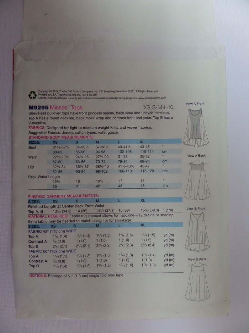 PULLOVER TOP Pattern Mccalls 9295 Miss Xsxl Shaped Hem Princess Seam