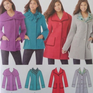 May include: A sewing pattern illustration featuring four variations of a jacket. The designs include a purple jacket with a wide collar, a teal jacket with a ruffled neckline, a red jacket with trim, and a light gray jacket with a patterned collar.