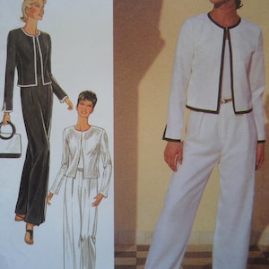 May include: An illustration and a photograph of a two-piece suit. The suit features a long-sleeved jacket with a contrasting trim and matching trousers. The illustration shows a black suit with white trim, while the photograph shows a white suit with black trim.