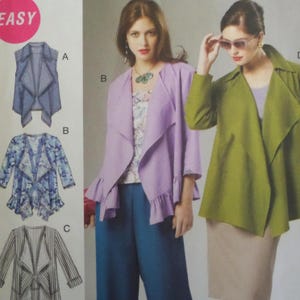 May include: Image of a sewing pattern featuring three jacket designs. One is a denim vest, another a floral print jacket, and the third a striped jacket. Two women model jackets in lavender and olive green.