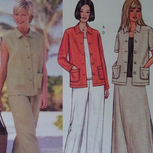 May include: Image of three women's fashion designs. The first woman is wearing a sleeveless button-up shirt and pants in a light green color. The second woman is wearing an orange jacket with white pants. The third woman is wearing a short-sleeved button-up shirt and a skirt.
