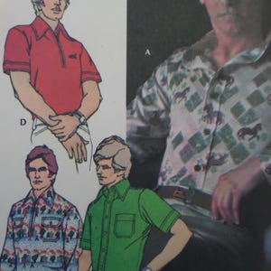 May include: A sewing pattern illustration featuring four shirt designs: a solid red short-sleeve shirt with a zipper, a white button-down shirt with a green horse pattern, a long-sleeve shirt with a landscape print, and a solid green short-sleeve shirt.