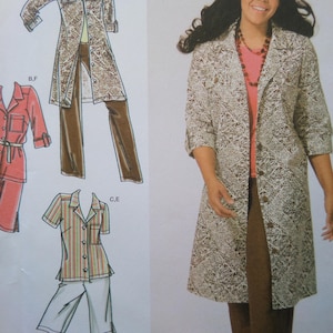 May include: A long, patterned coat with a button closure, paired with brown pants. The coat features a repeating geometric design in shades of brown and cream. The image also shows a pajama set with a striped top and white pants.