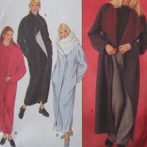 May include: A sewing pattern illustration featuring long coats in various styles. One coat is dark with a light interior, another is bright red, and a third is light blue with a white faux fur collar. The letter A and B labels appear next to the designs.