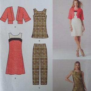May include: A sewing pattern featuring various women's clothing designs. The designs include a sleeveless dress, a jacket, a top, pants, and a dress. The clothing items are in shades of red, white, black, and brown.