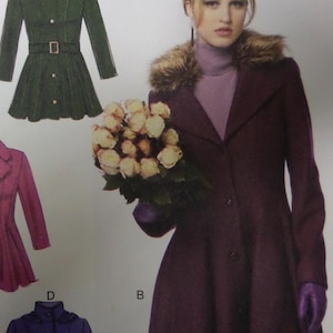 May include: A burgundy coat with a faux fur collar and a flared skirt. The coat has a button closure and is paired with purple gloves. A bouquet of cream-colored roses is held in the model's hands. The image also shows other coat designs.