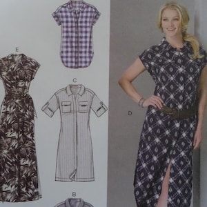 May include: Image of a sewing pattern featuring various shirt and dress designs. One dress is worn by a person, showcasing a dark blue and white patterned fabric with a brown belt. Other designs include a purple plaid shirt and a striped dress.