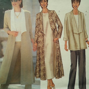May include: Three women's fashion designs are shown. The first woman is wearing a long beige coat, white top, and beige pants. The second woman is wearing a long coat with a floral pattern over a white dress. The third woman is wearing a striped blazer and dark pants.