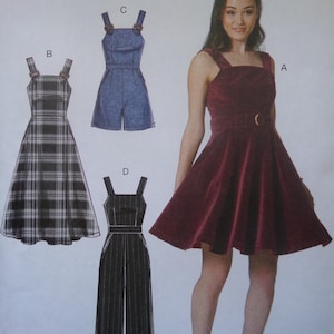 May include: A woman wearing a burgundy velvet dress with a square neckline and a belt. The image also shows four different garment patterns: a plaid dress, denim romper, and striped jumpsuit, all with strap details.
